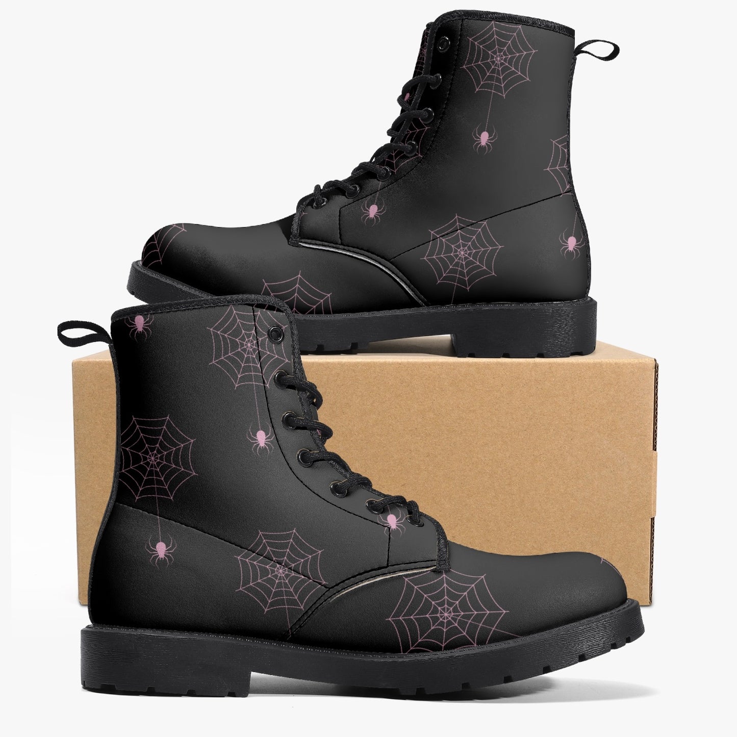 Women's Gothic Black and Pink Spiderwebs Combat Boots