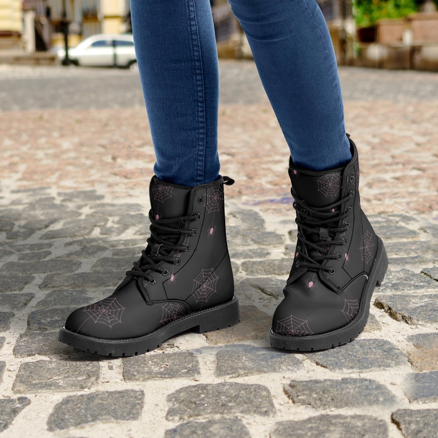 Women's Gothic Black and Pink Spiderwebs Combat Boots