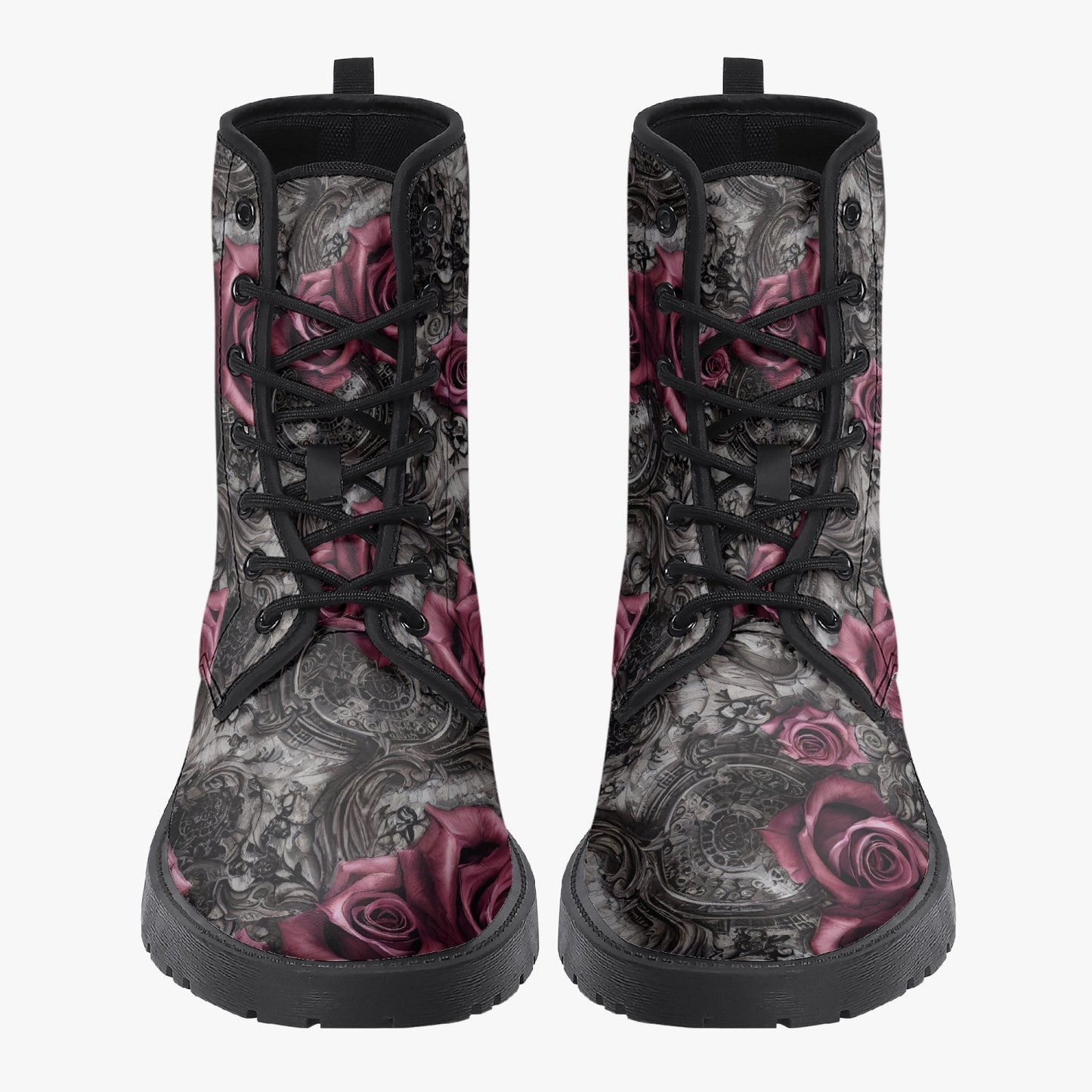 Women's Pink Roses and Steampunk Combat Boots