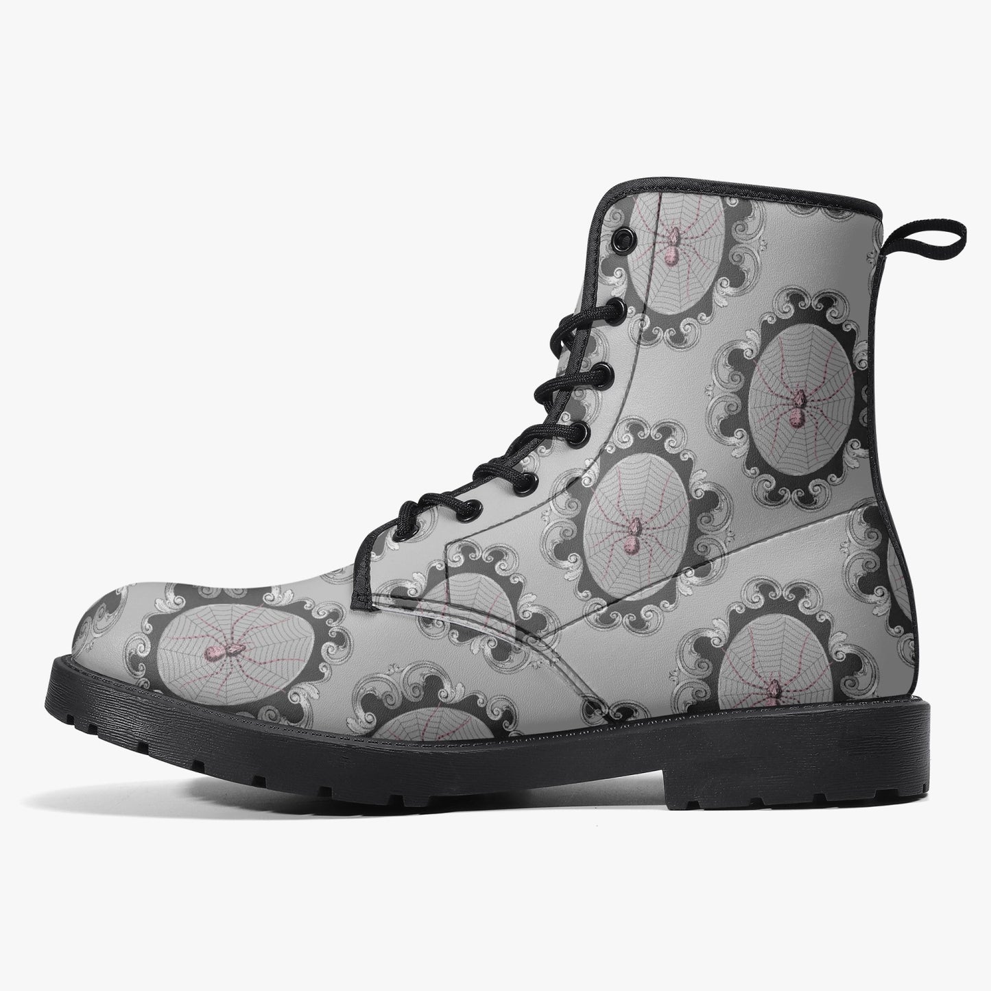 Women's Gothic Grey and Pink Spiderwebs Combat Boots