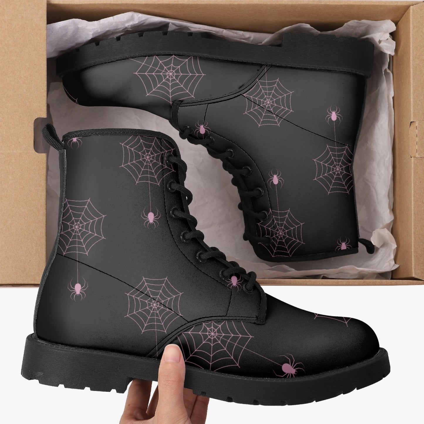 Women's Gothic Black and Pink Spiderwebs Combat Boots