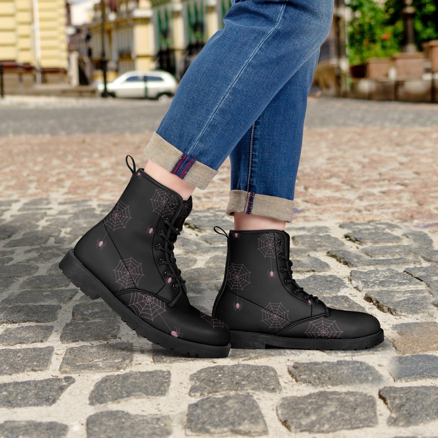 Women's Gothic Black and Pink Spiderwebs Combat Boots