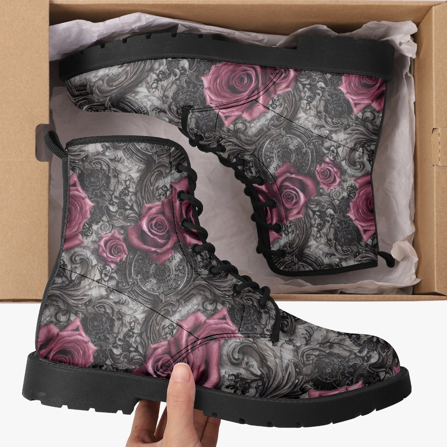 Women's Pink Roses and Steampunk Combat Boots