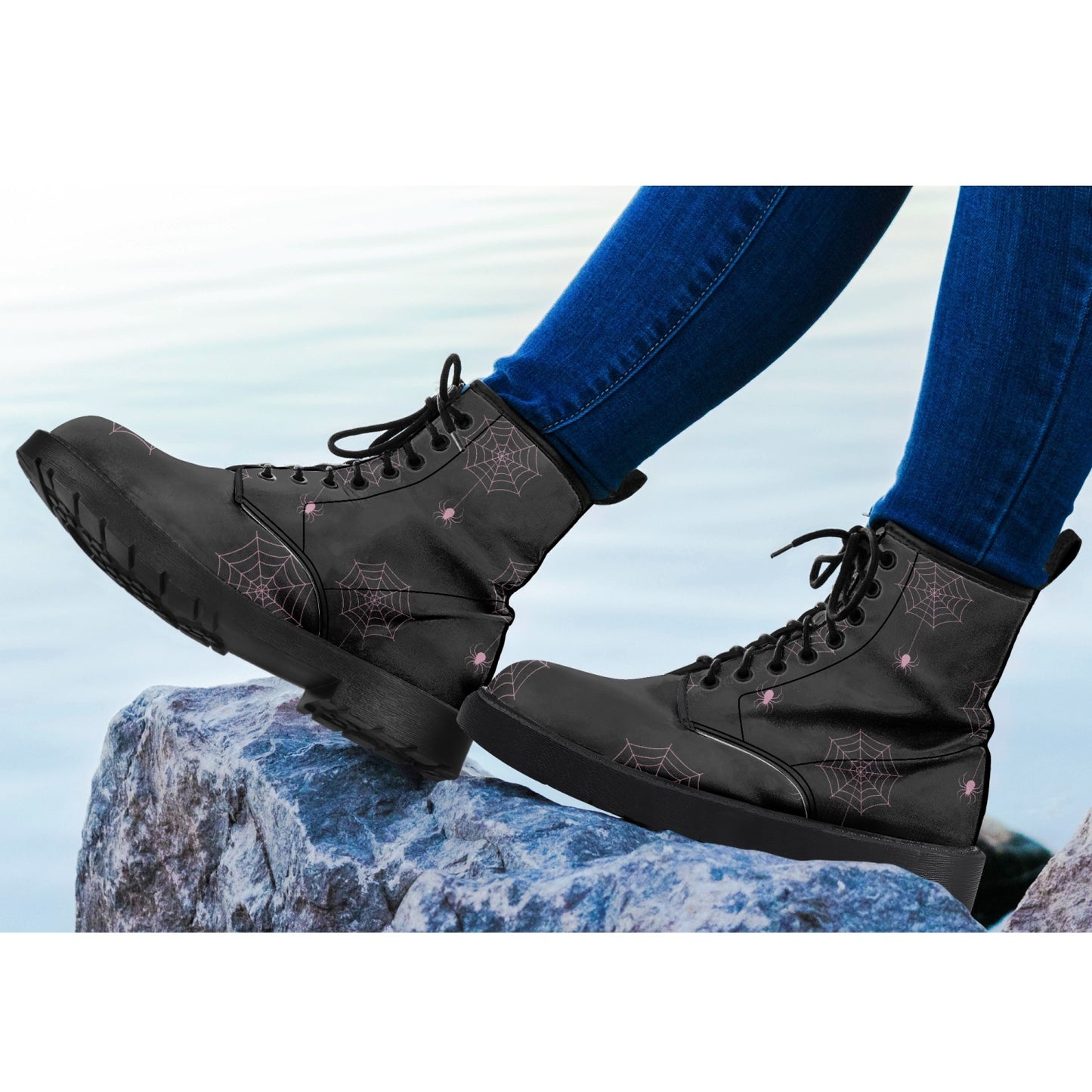 Gothic Black and Pink Spiderweb pattern combat boots doc Marten's