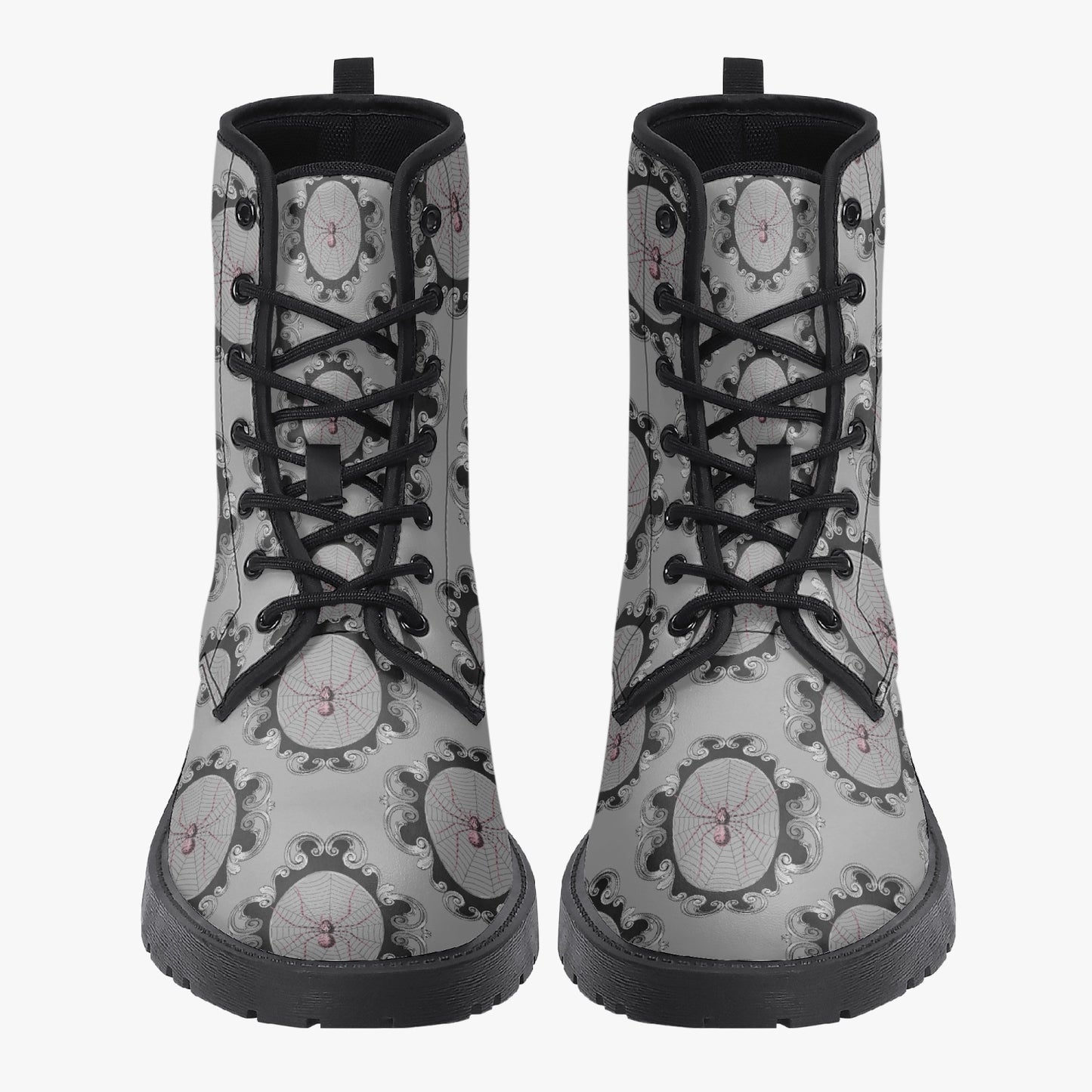 Women's Gothic Grey and Pink Spiderwebs Combat Boots