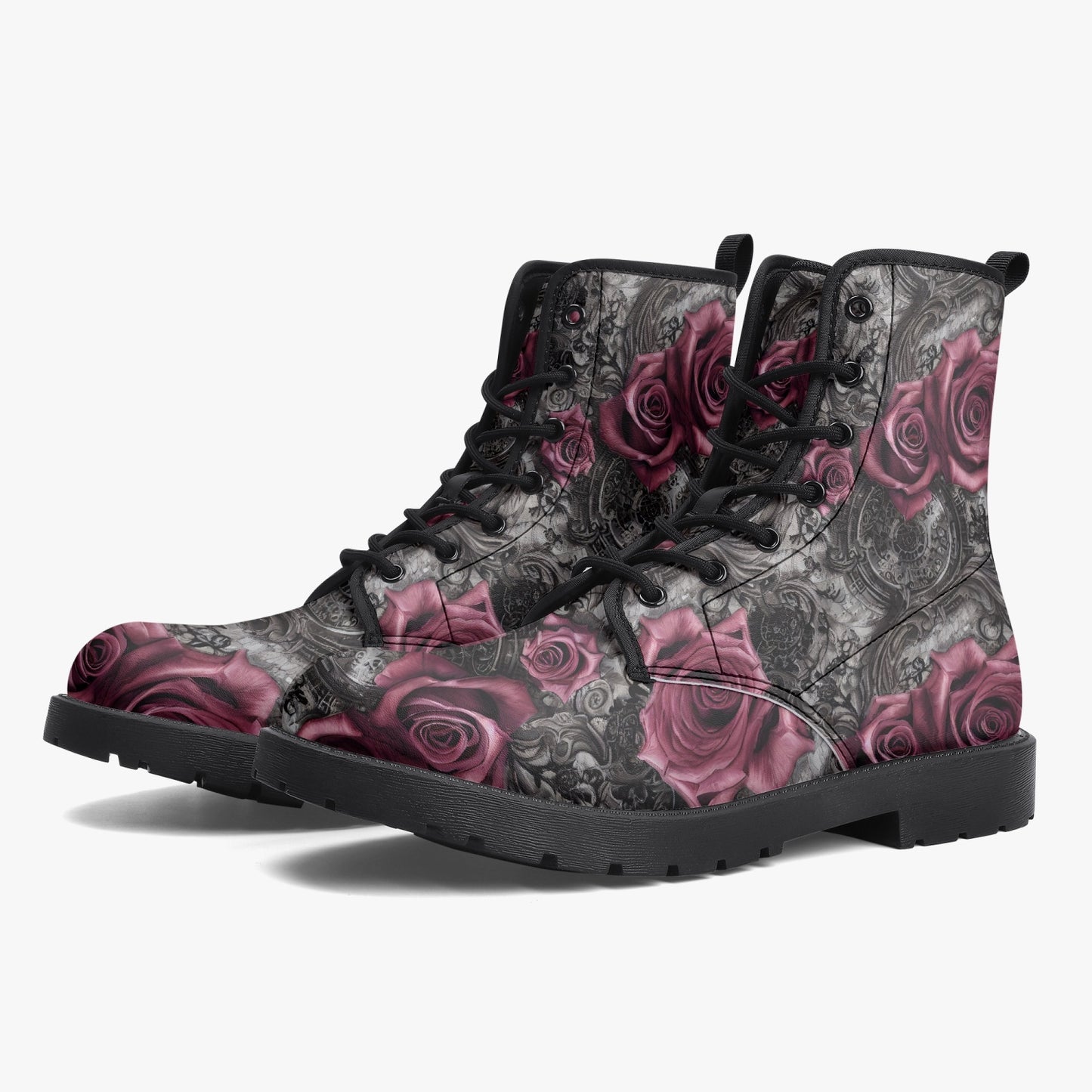 Women's Pink Roses and Steampunk Combat Boots