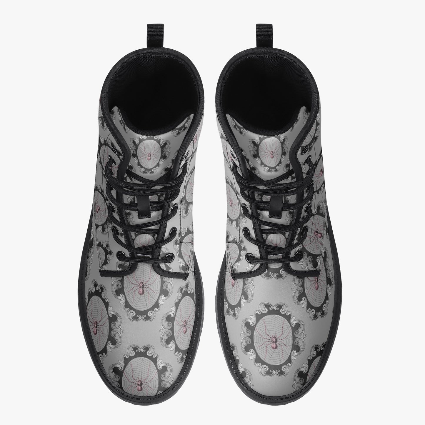 Women's Gothic Grey and Pink Spiderwebs Combat Boots