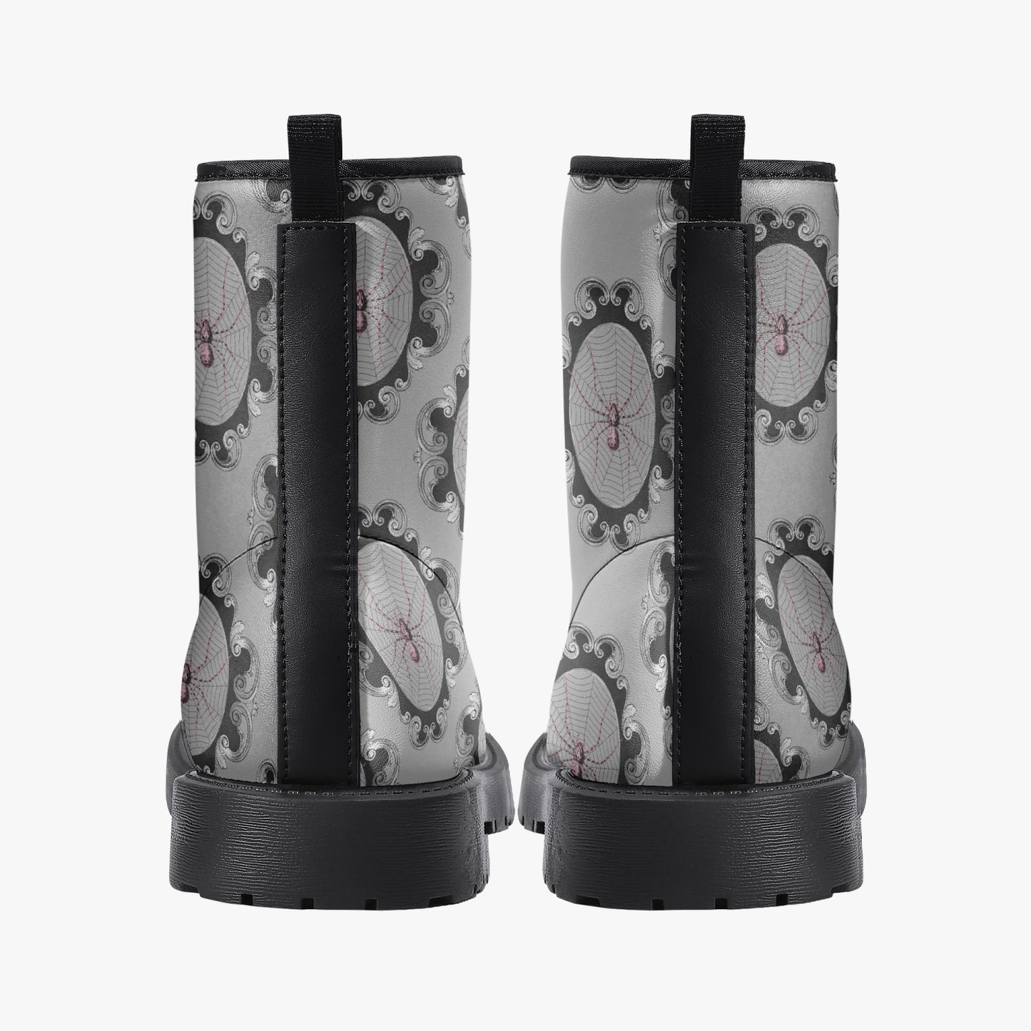Women's Gothic Grey and Pink Spiderwebs Combat Boots