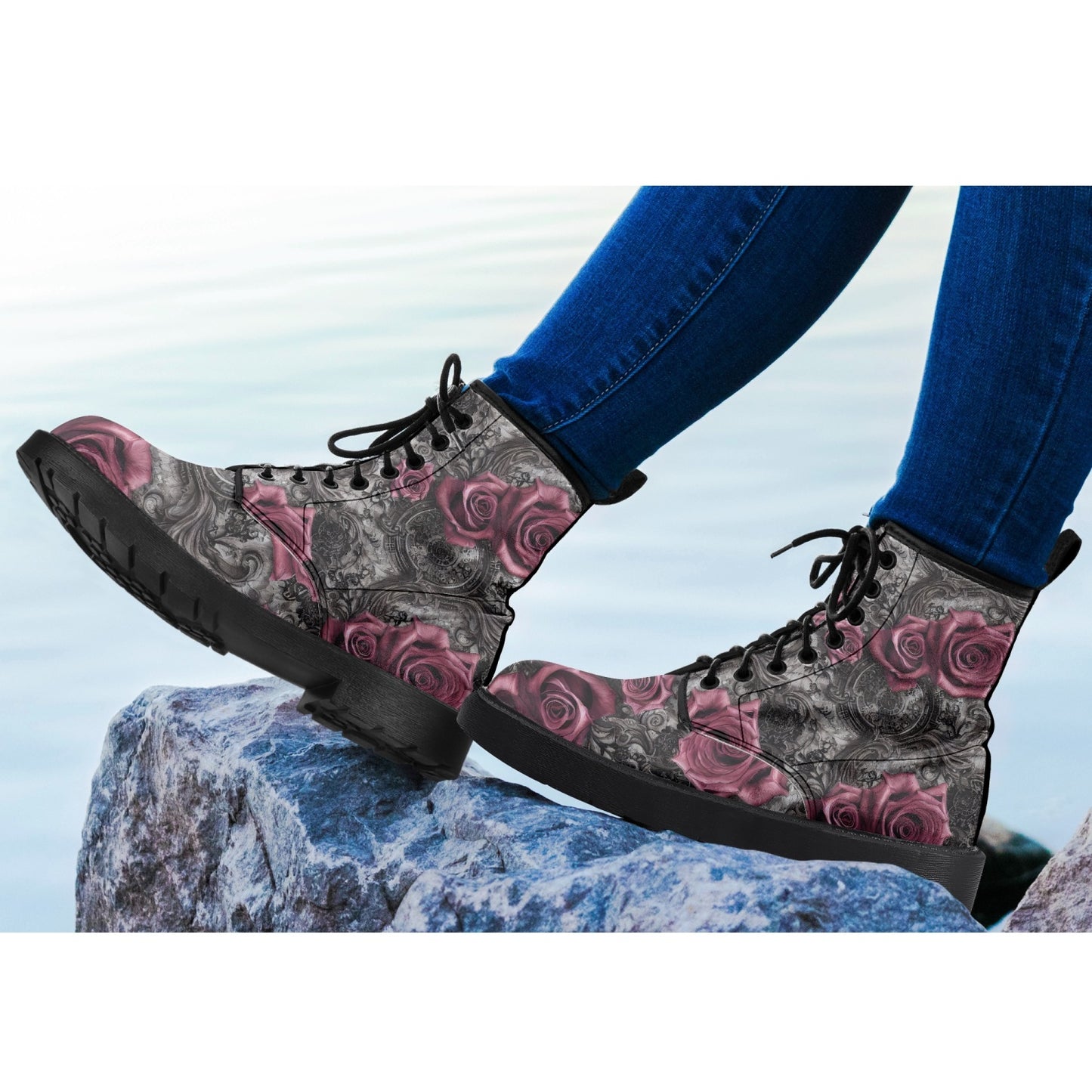 Women's Pink Roses and Steampunk Combat Boots