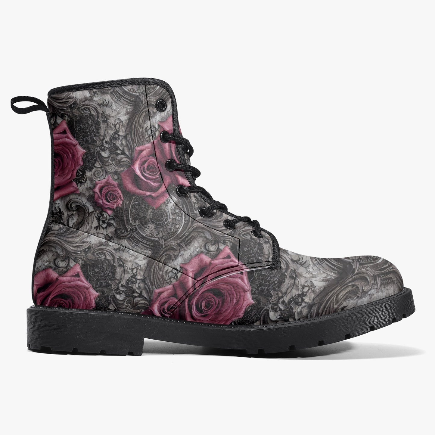 Women's Pink Roses and Steampunk Combat Boots