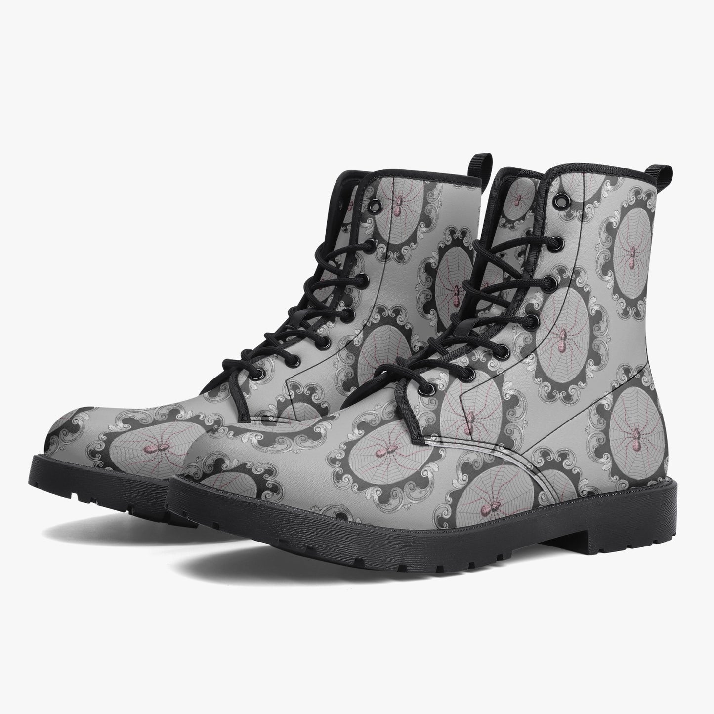 Women's Gothic Grey and Pink Spiderwebs Combat Boots