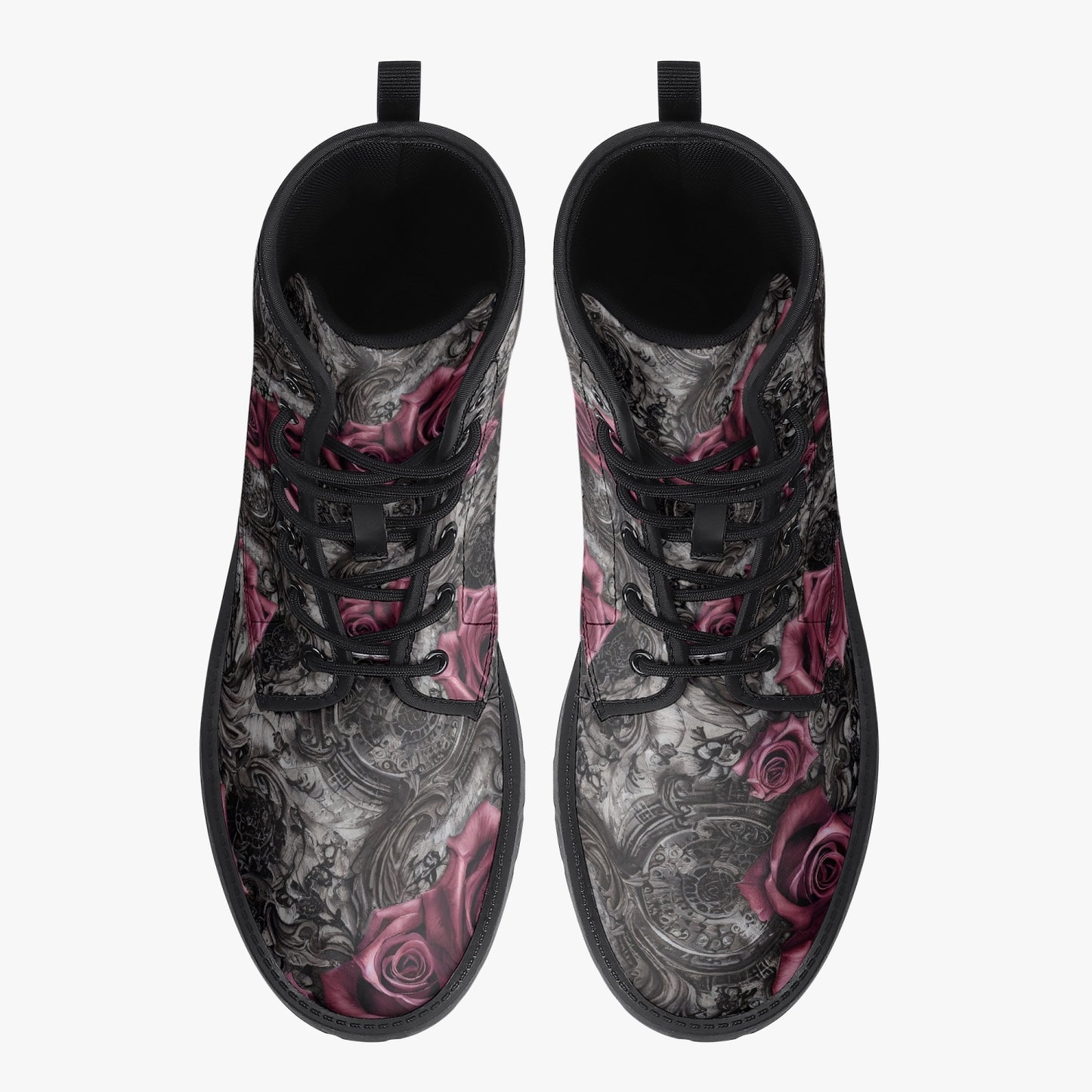 Women's Pink Roses and Steampunk Combat Boots