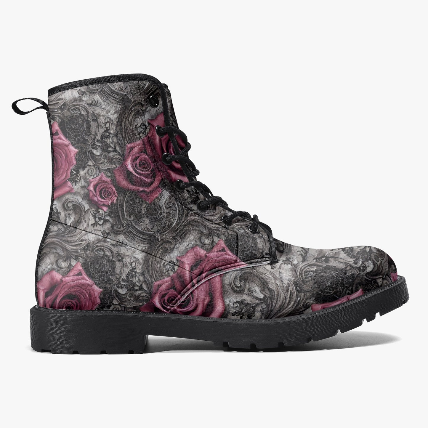 Women's Pink Roses and Steampunk Combat Boots