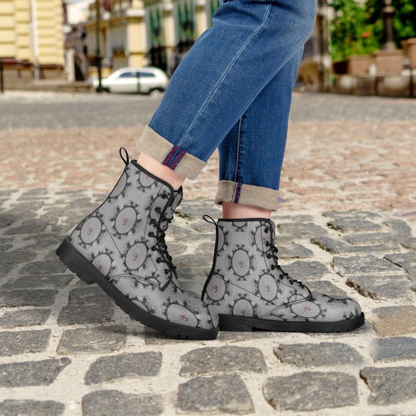 Women's Gothic Grey and Pink Spiderwebs Combat Boots
