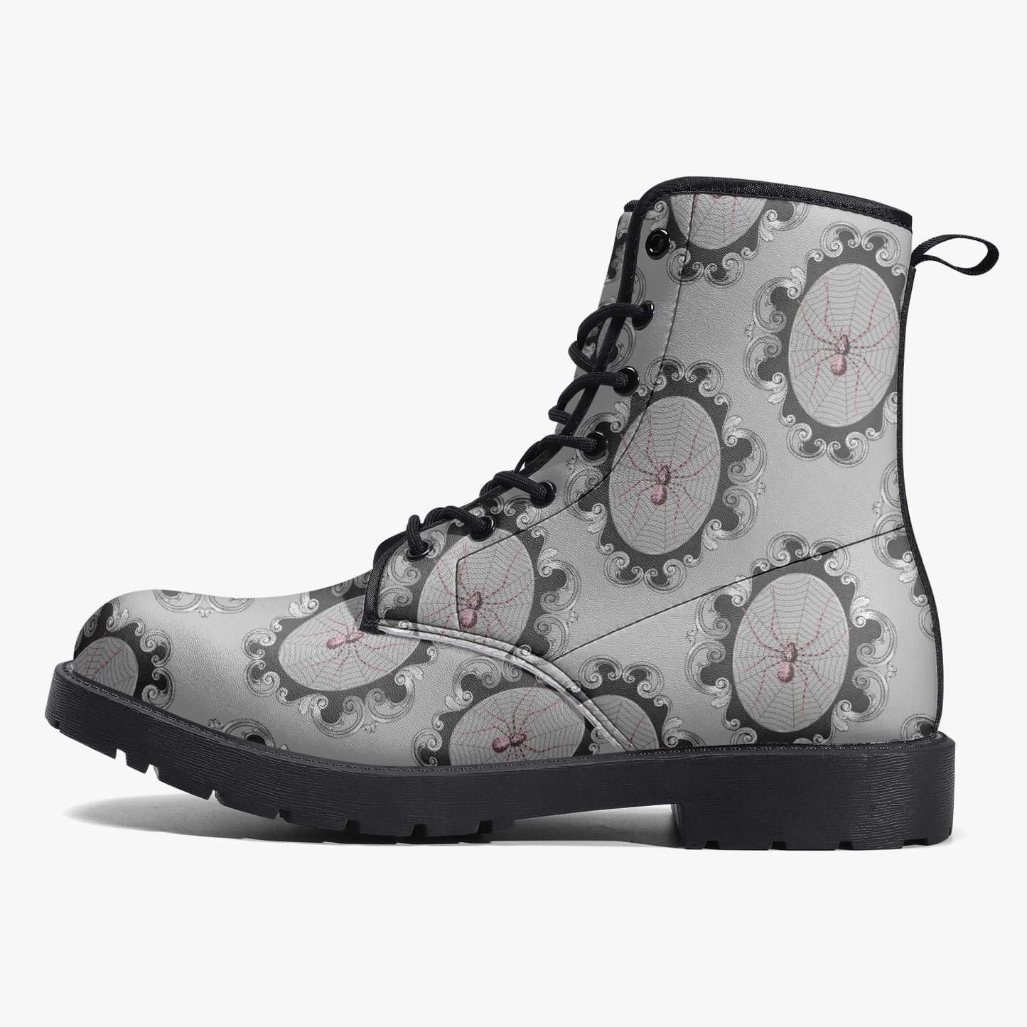 Women's Gothic Grey and Pink Spiderwebs Combat Boots
