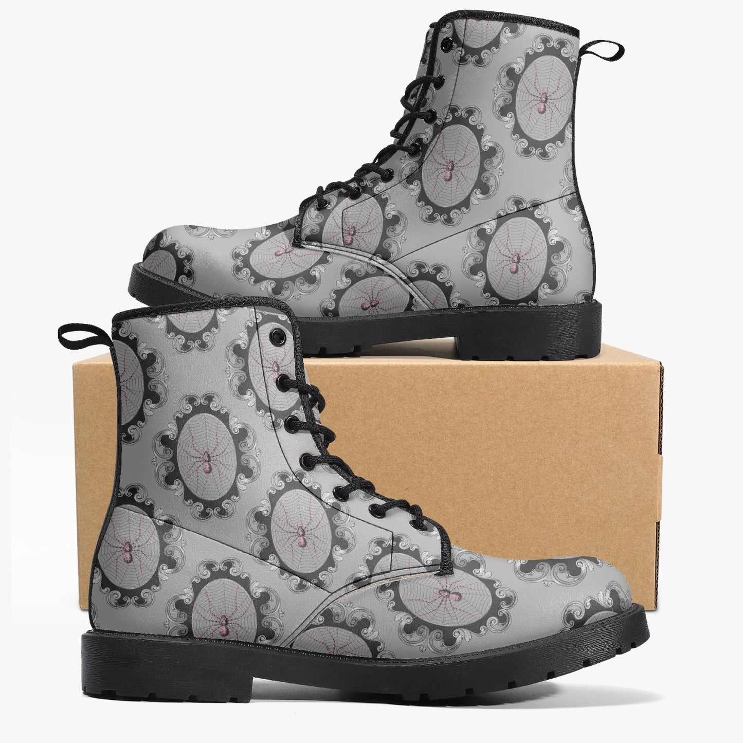 Women's Gothic Grey and Pink Spiderwebs Combat Boots