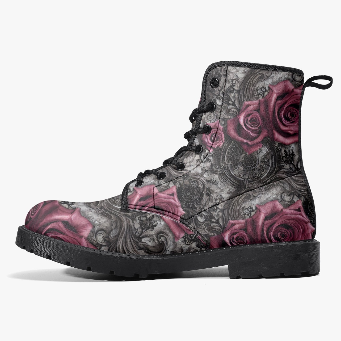 Women's Pink Roses and Steampunk Combat Boots