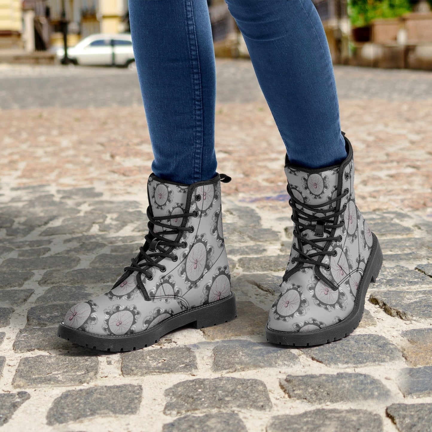 Women's Gothic Grey and Pink Spiderwebs Combat Boots