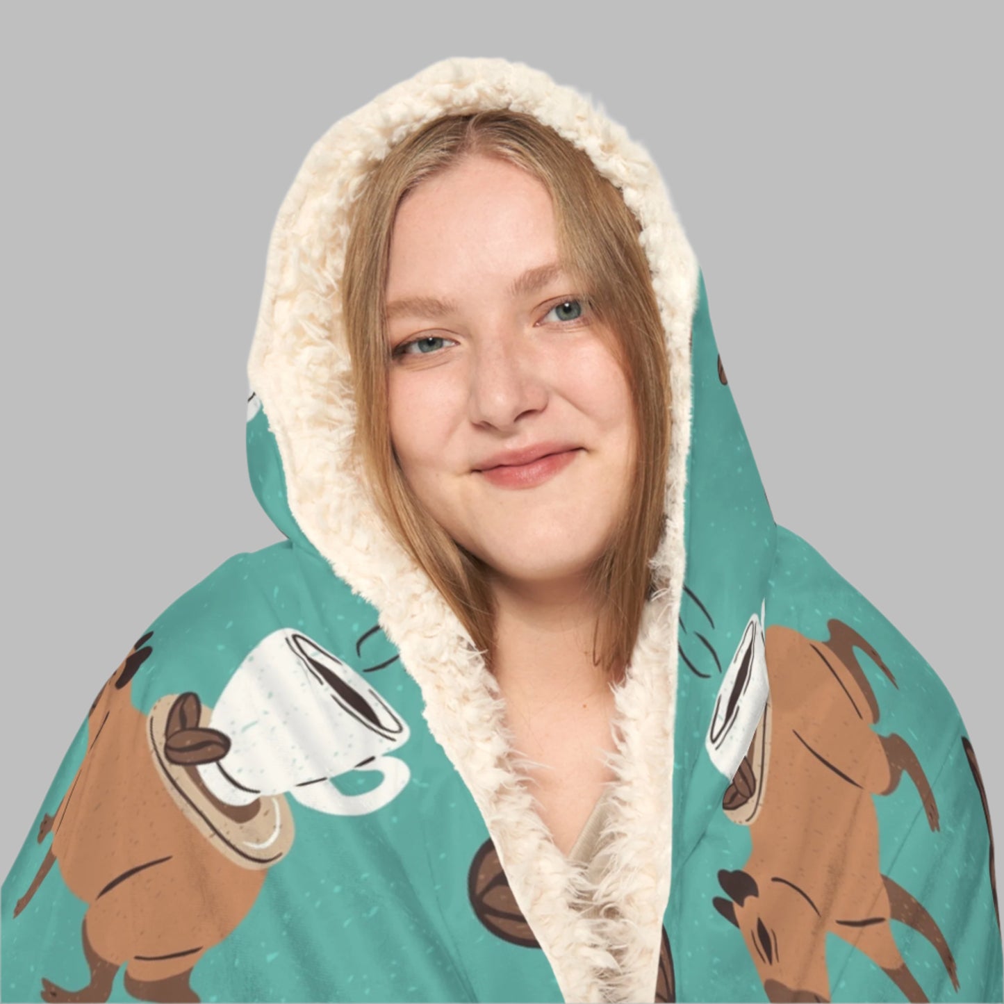 Hooded Snuggle Blanket - Capybaras and Coffee Print, Warm Cozy Microfleece or Sherpa Lining