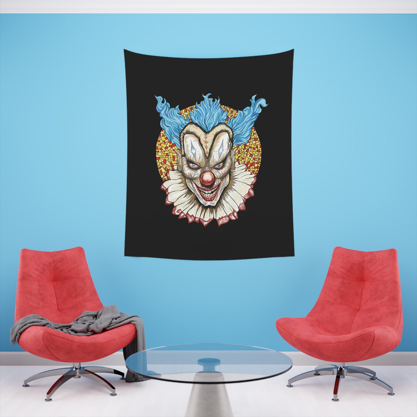 Gothic Creepy Vintage Clown Blue, Red, and Gold Wall Tapestry