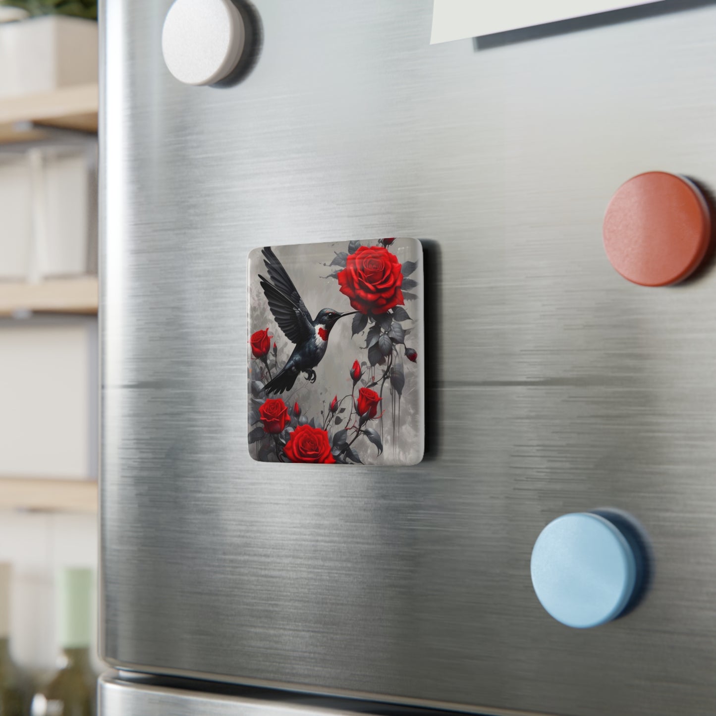 Square Grey Hummingbird and Red Roses Magnet