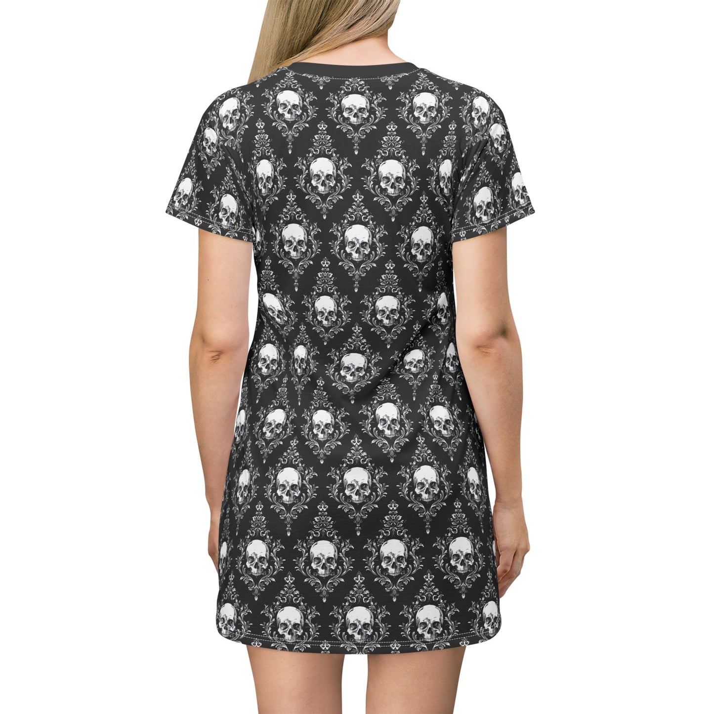 Black and White Damask Skulls Tshirt Dress