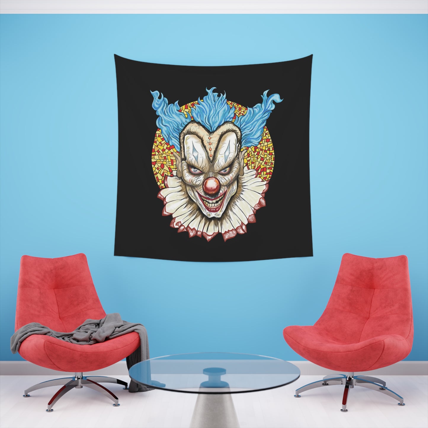 Gothic Creepy Vintage Clown Blue, Red, and Gold Wall Tapestry