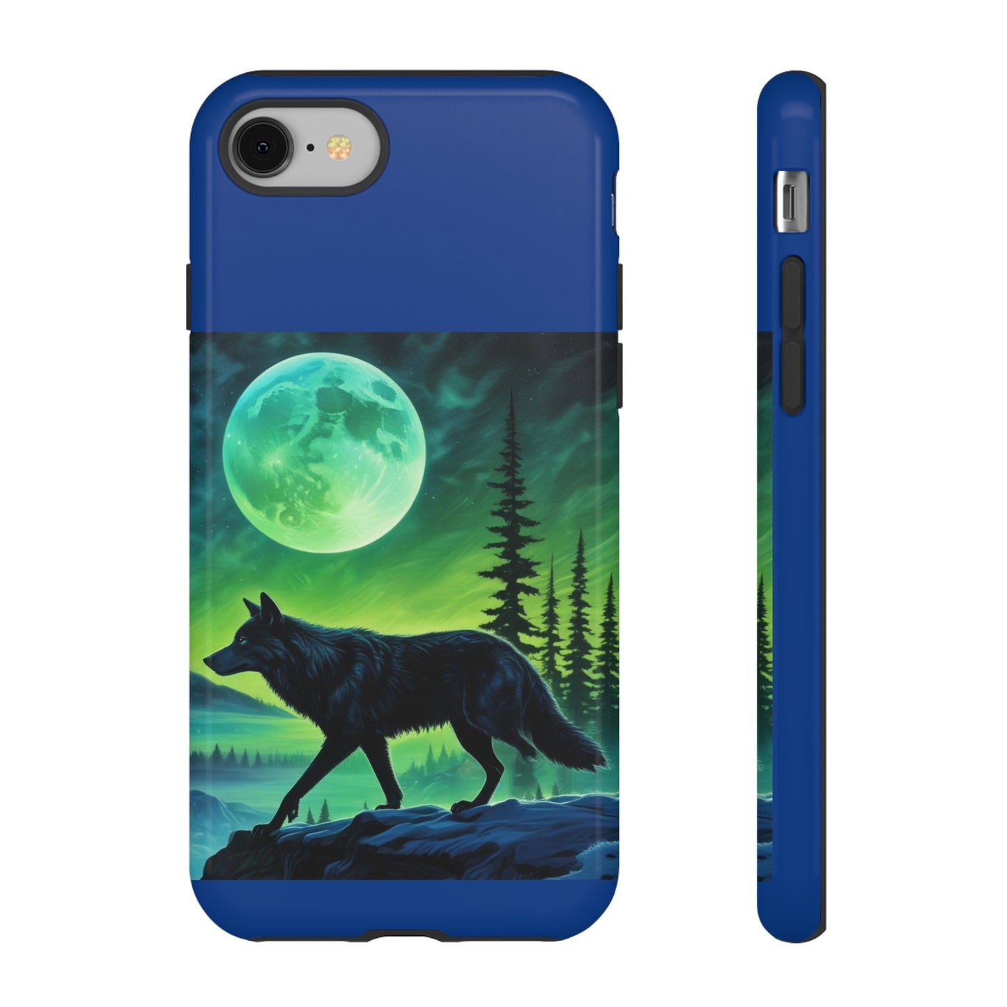 Blue Wolf Full Moon Northern Lights Forest Design Tough iPhone Case