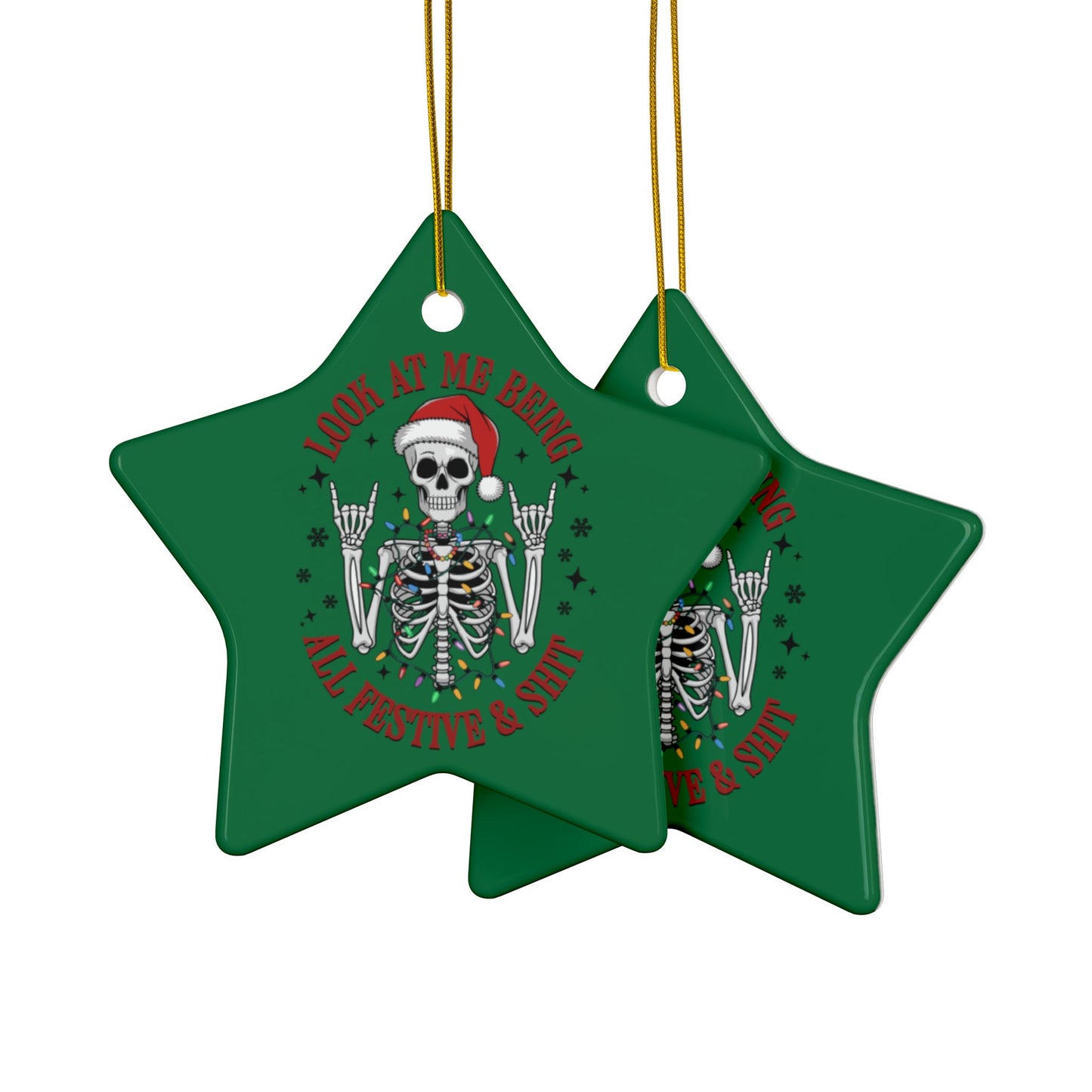 Ceramic Ornaments - Star Skeleton with Santa Hat, Festive 2-Side Print (1pc, 3pcs, 5pcs, 10pcs)