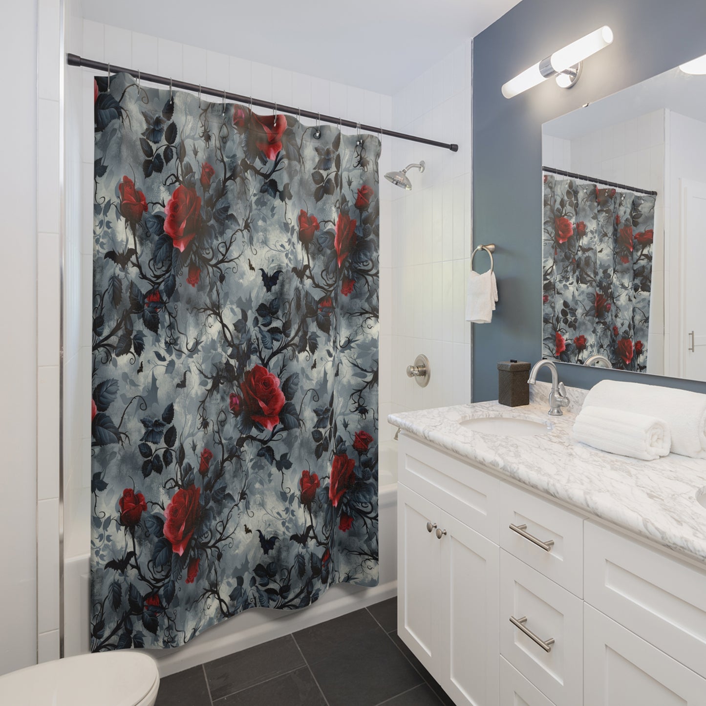 Shower Curtain - Roses, Bats, and Vines Design