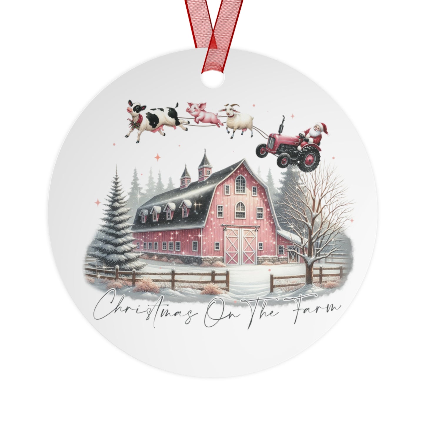 Round Metal Ornament - Christmas on the Farm Santa in Red Tractor Scene