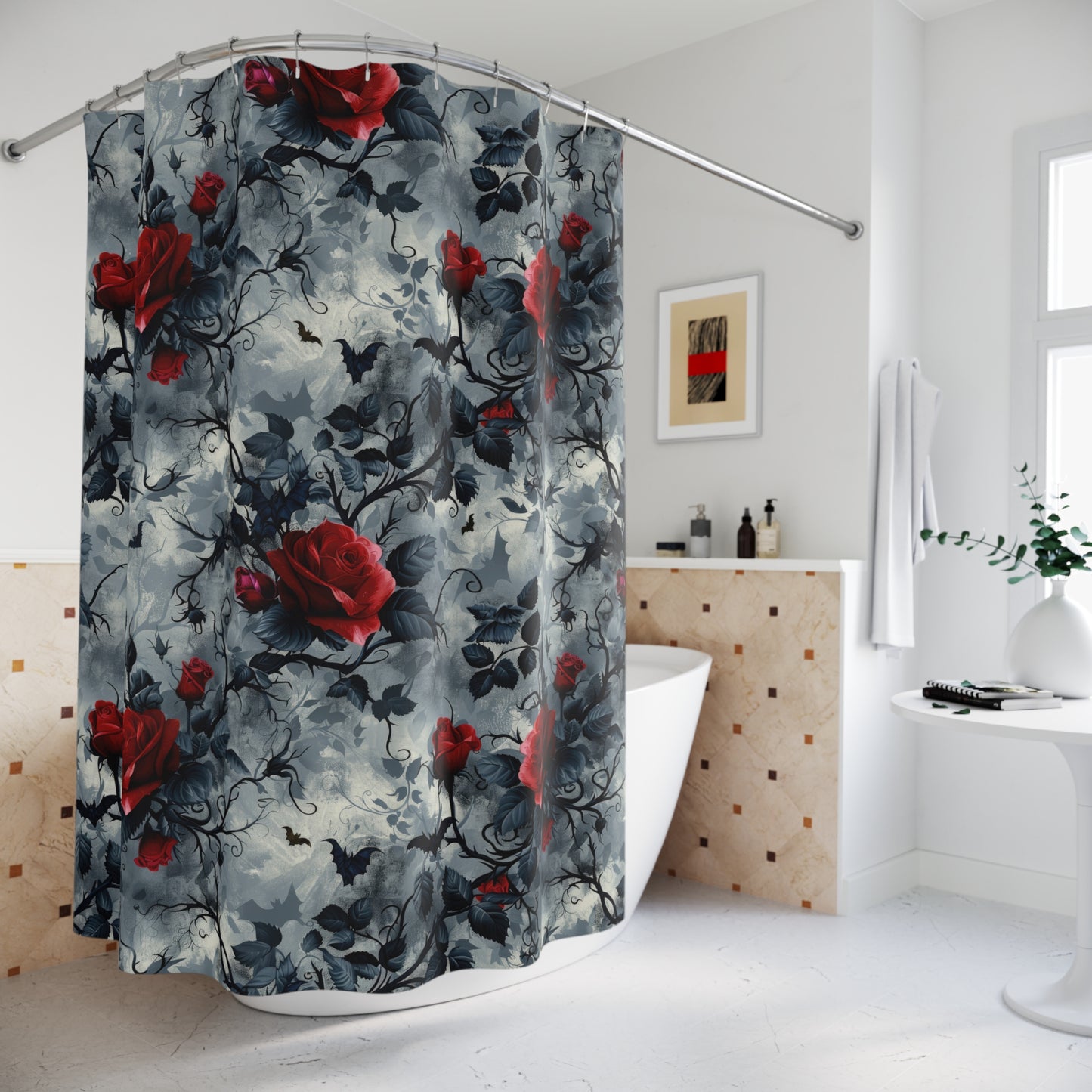 Shower Curtain - Roses, Bats, and Vines Design