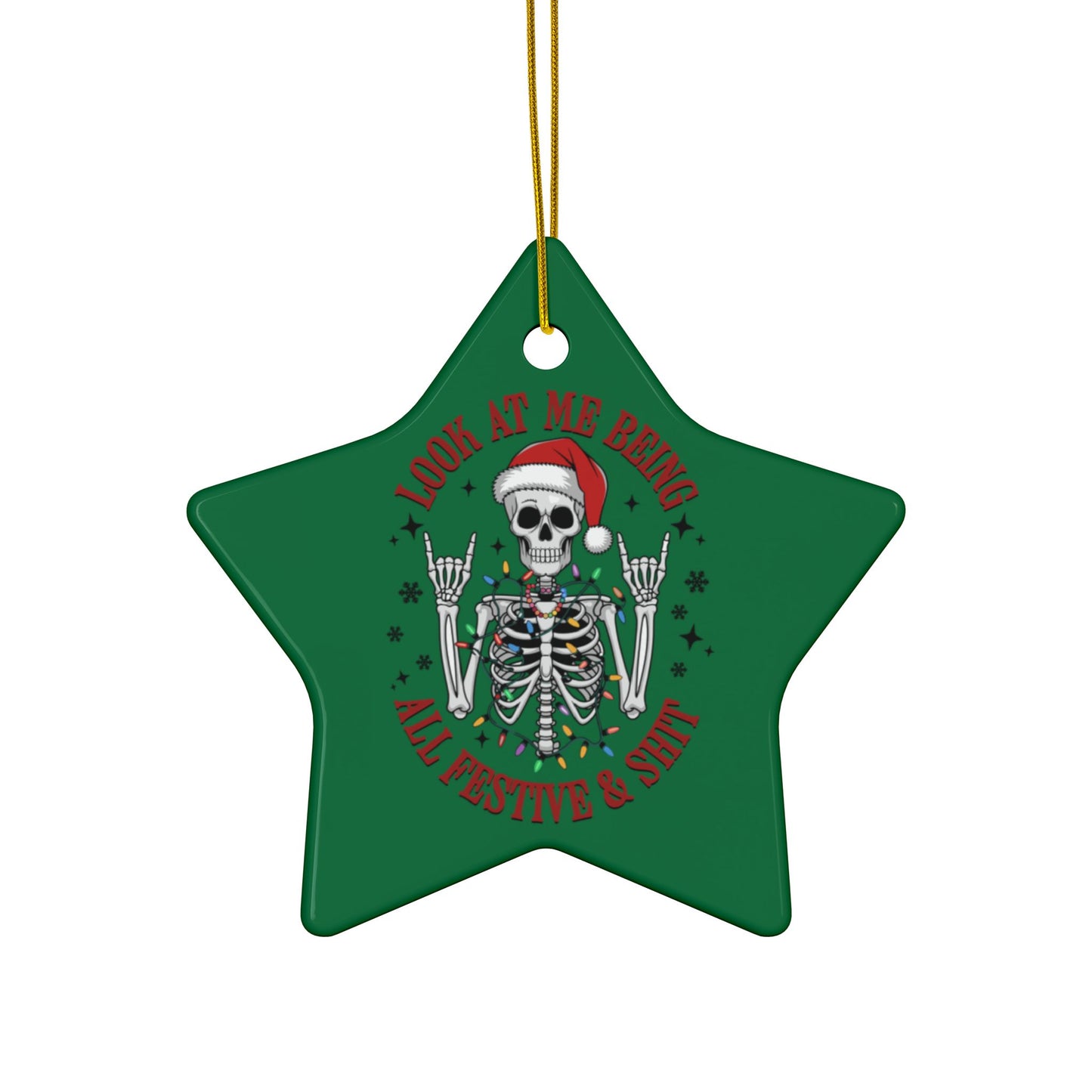 Ceramic Ornaments - Star Skeleton with Santa Hat, Festive 2-Side Print (1pc, 3pcs, 5pcs, 10pcs)