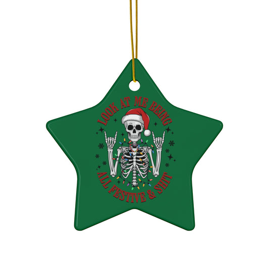 Ceramic Ornaments - Star Skeleton with Santa Hat, Festive 2-Side Print (1pc, 3pcs, 5pcs, 10pcs)