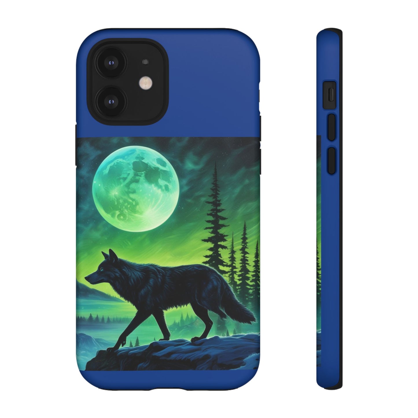 Blue Wolf Full Moon Northern Lights Forest Design Tough iPhone Case