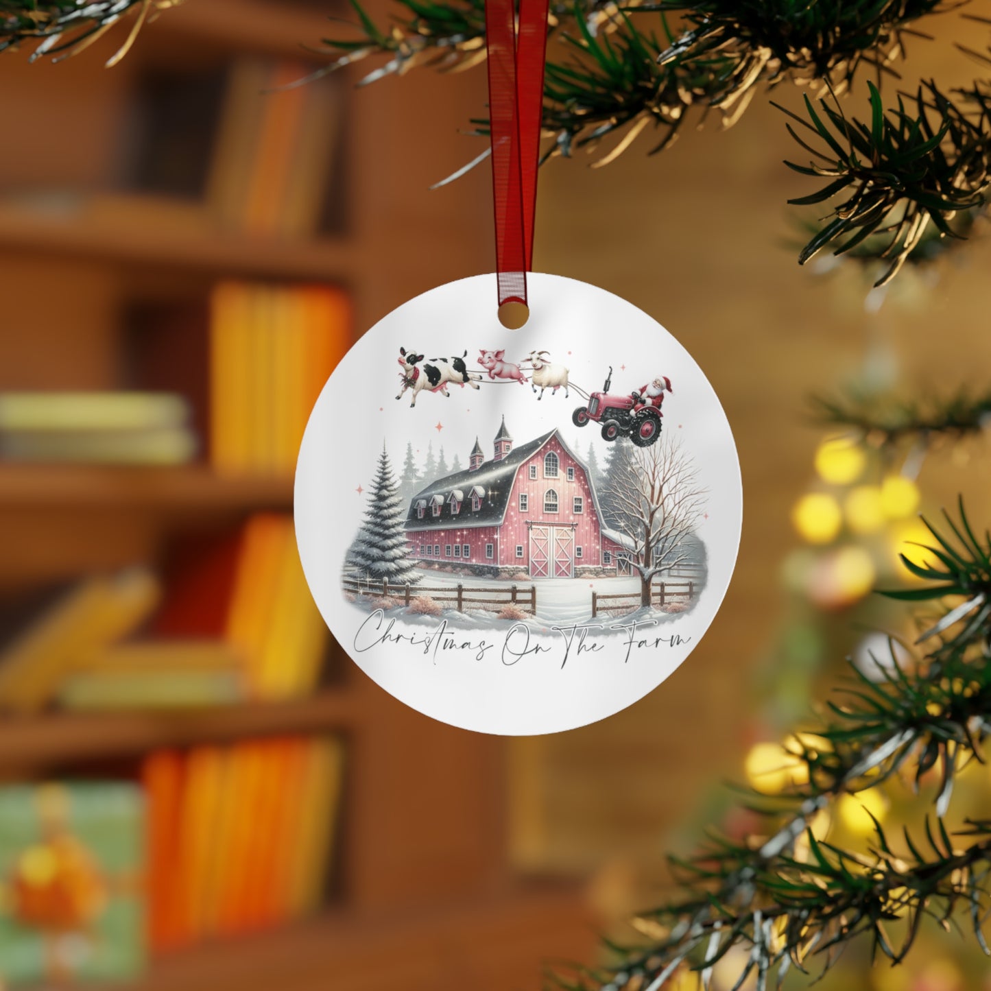 Round Metal Ornament - Christmas on the Farm Santa in Red Tractor Scene