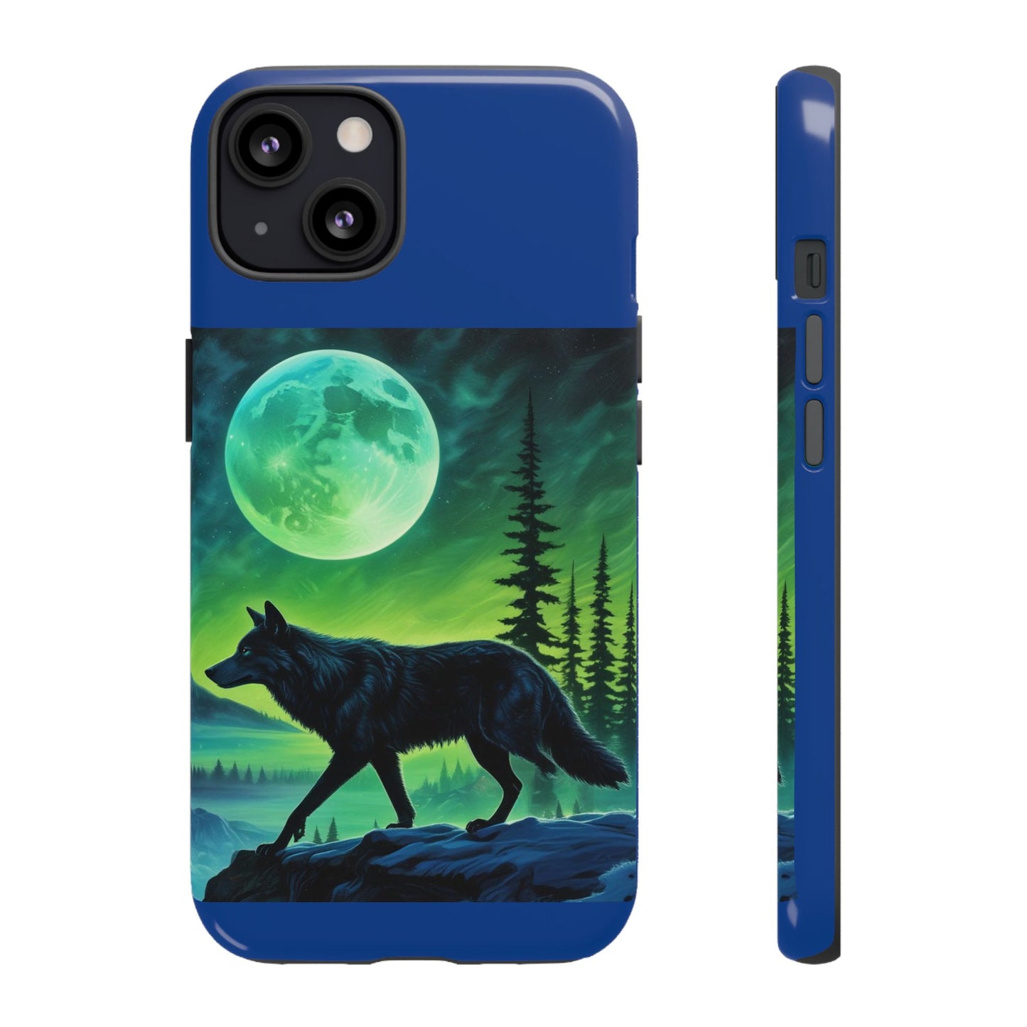 Blue Wolf Full Moon Northern Lights Forest Design Tough iPhone Case