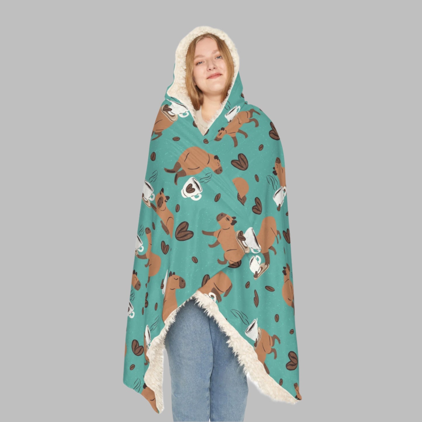 Hooded Snuggle Blanket - Capybaras and Coffee Print, Warm Cozy Microfleece or Sherpa Lining