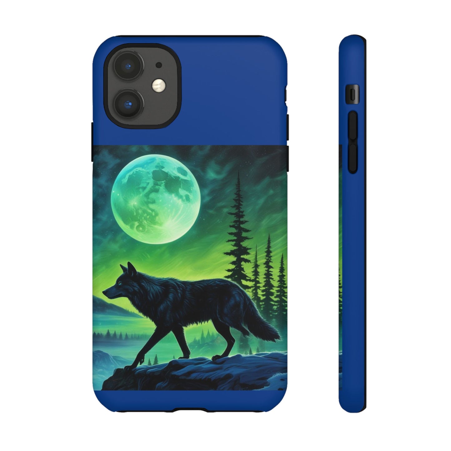 Blue Wolf Full Moon Northern Lights Forest Design Tough iPhone Case