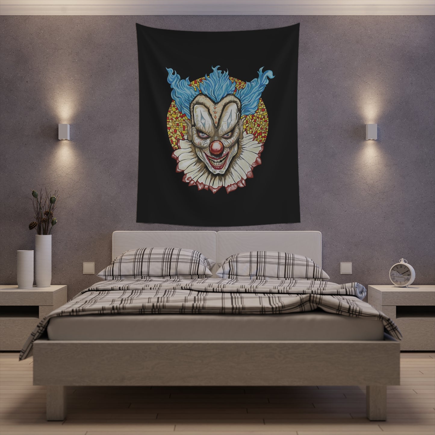 Gothic Creepy Vintage Clown Blue, Red, and Gold Wall Tapestry