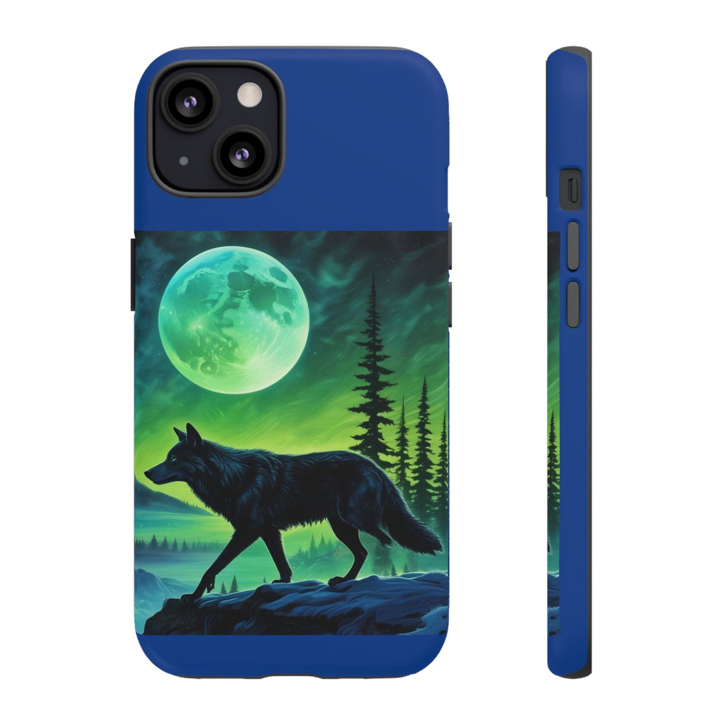 Blue Wolf Full Moon Northern Lights Forest Design Tough iPhone Case