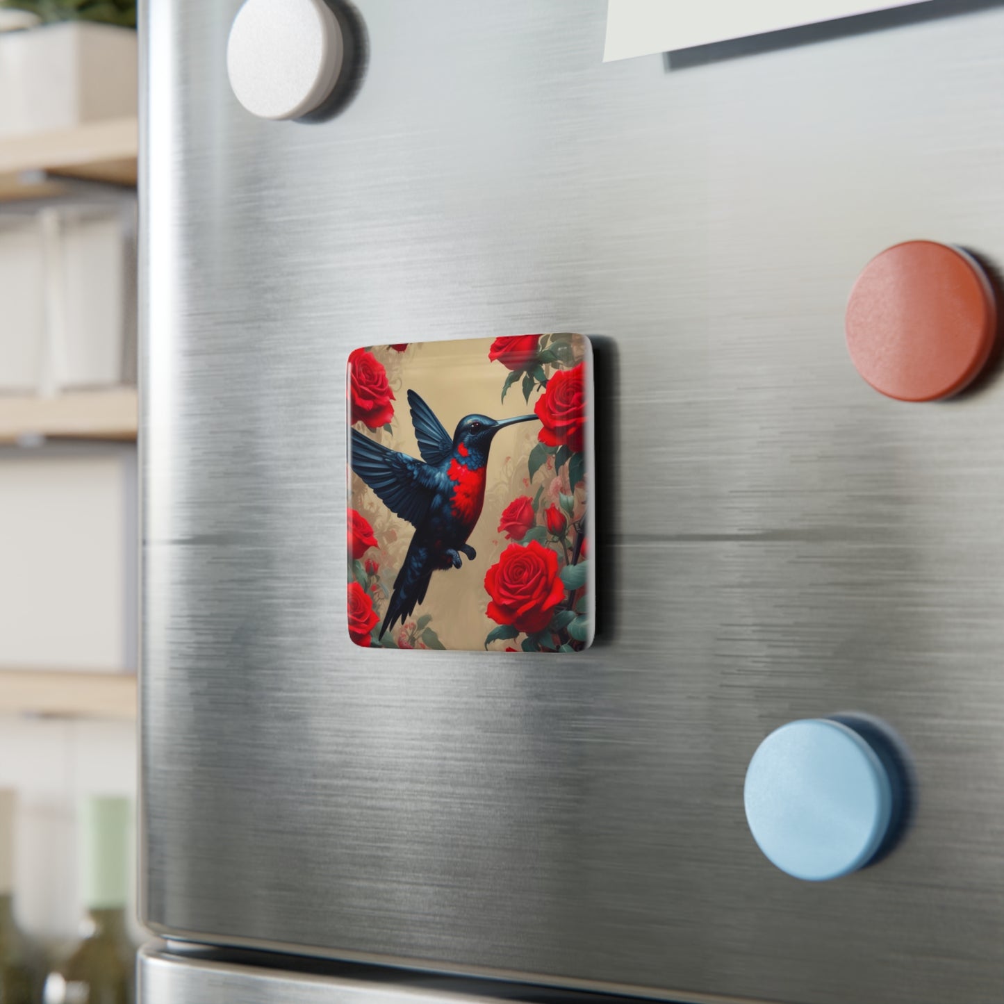 Square Hummingbird in Red Roses Magnet