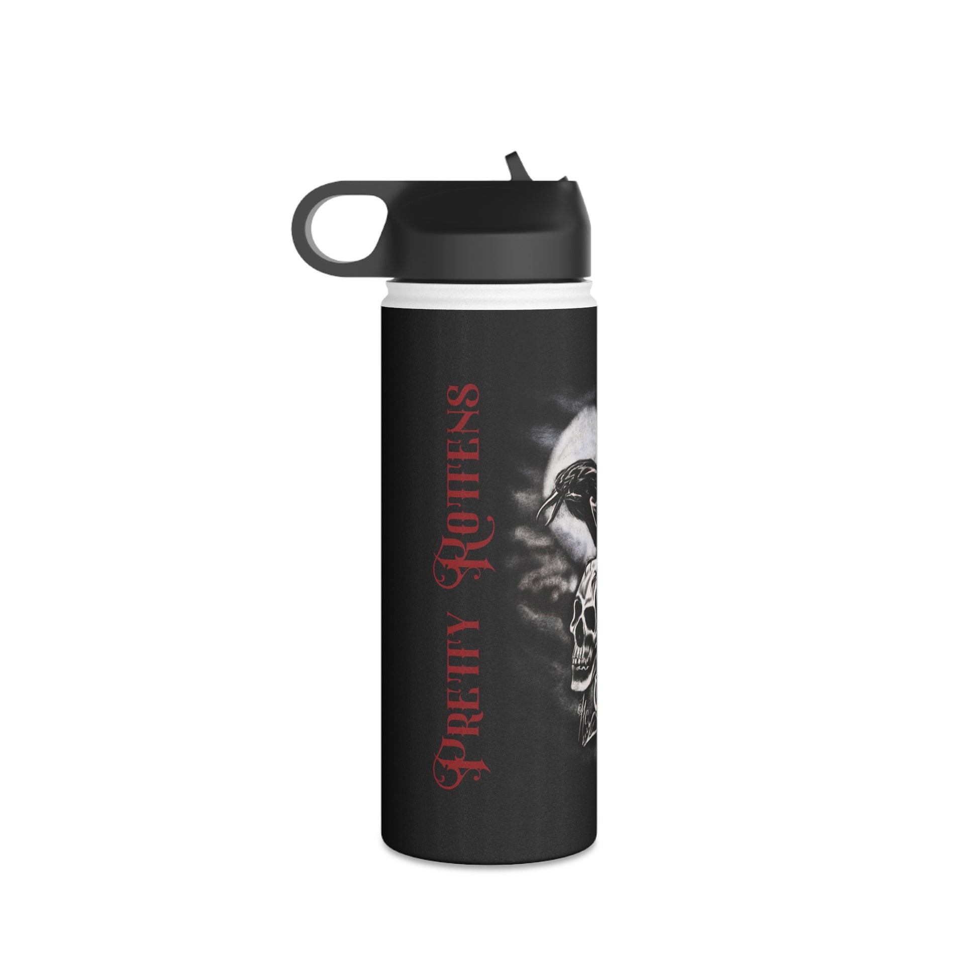 moonlit crow on skull with red rose reusable water bottle