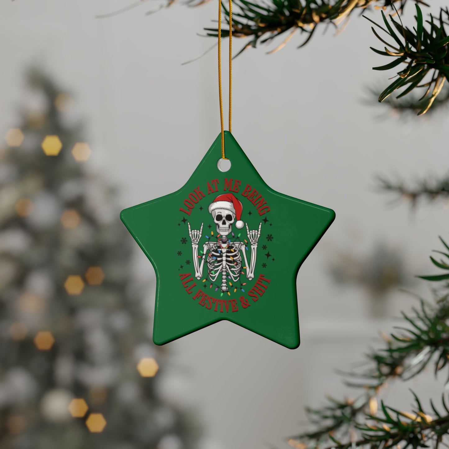 Ceramic Ornaments - Star Skeleton with Santa Hat, Festive 2-Side Print (1pc, 3pcs, 5pcs, 10pcs)