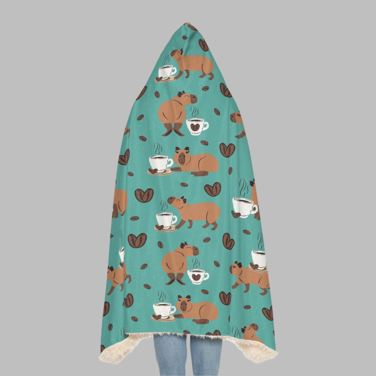 Hooded Snuggle Blanket - Capybaras and Coffee Print, Warm Cozy Microfleece or Sherpa Lining