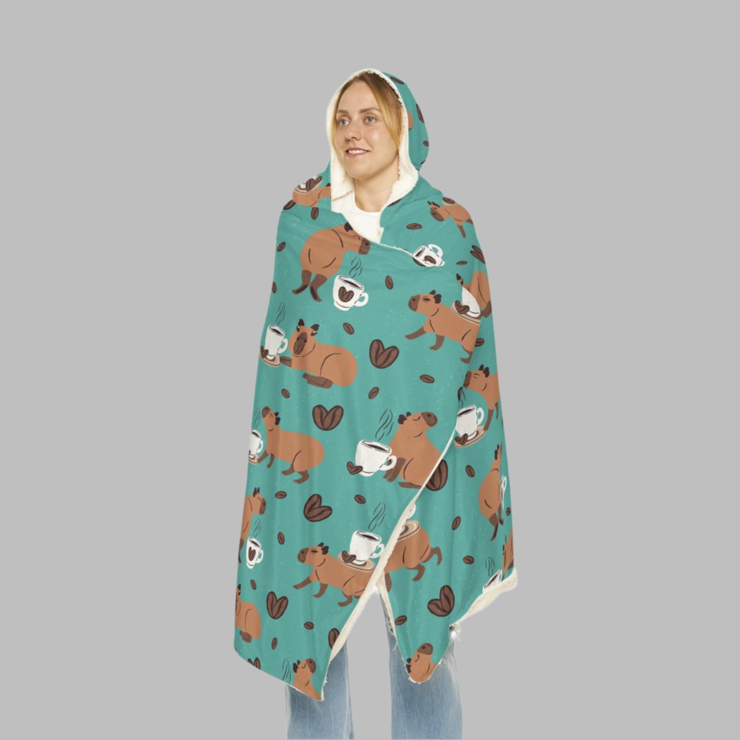 Hooded Snuggle Blanket - Capybaras and Coffee Print, Warm Cozy Microfleece or Sherpa Lining