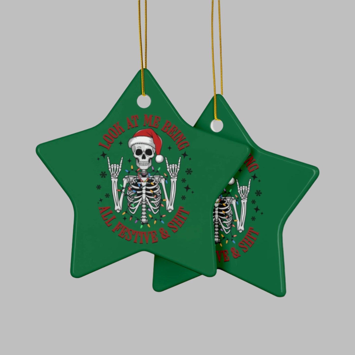 Ceramic Ornaments - Star Skeleton with Santa Hat, Festive 2-Side Print (1pc, 3pcs, 5pcs, 10pcs)