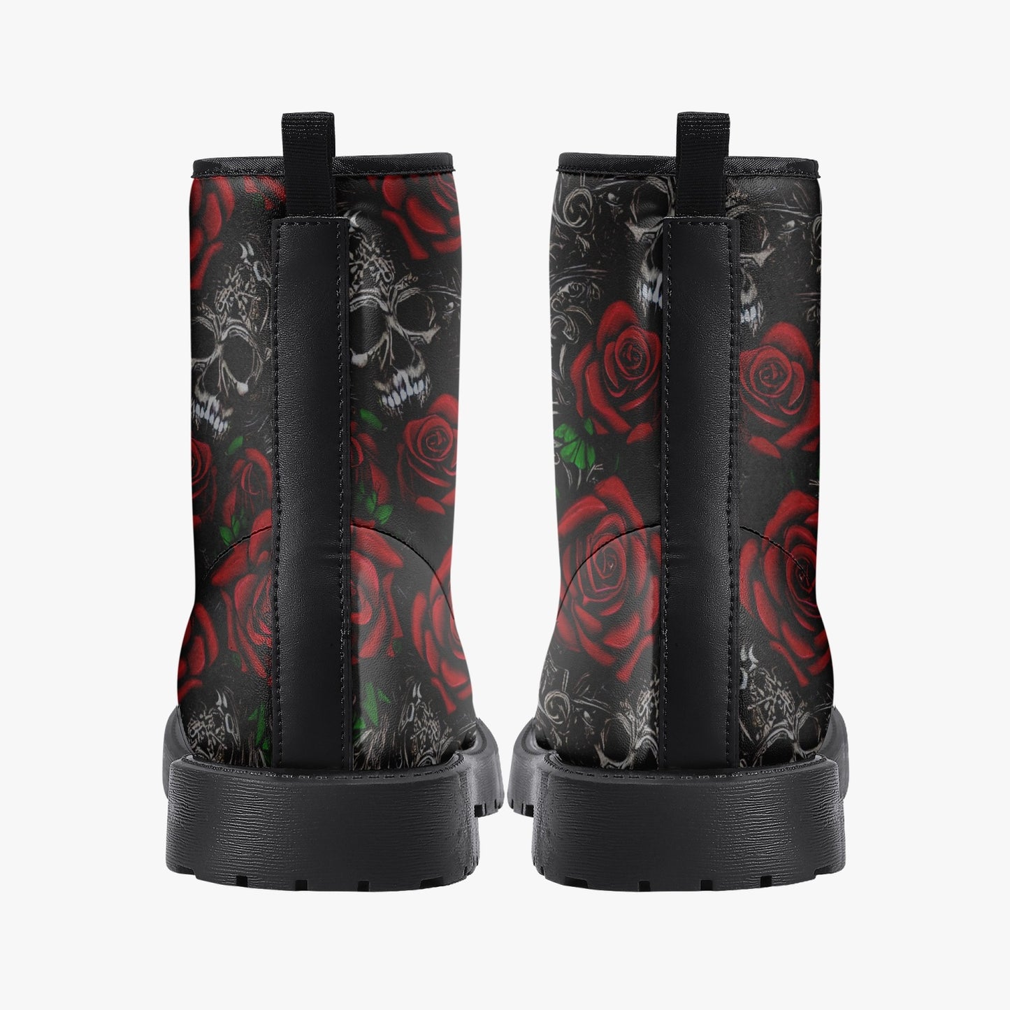 Women's Red Roses and Skulls Floral Pattern Combat Boots
