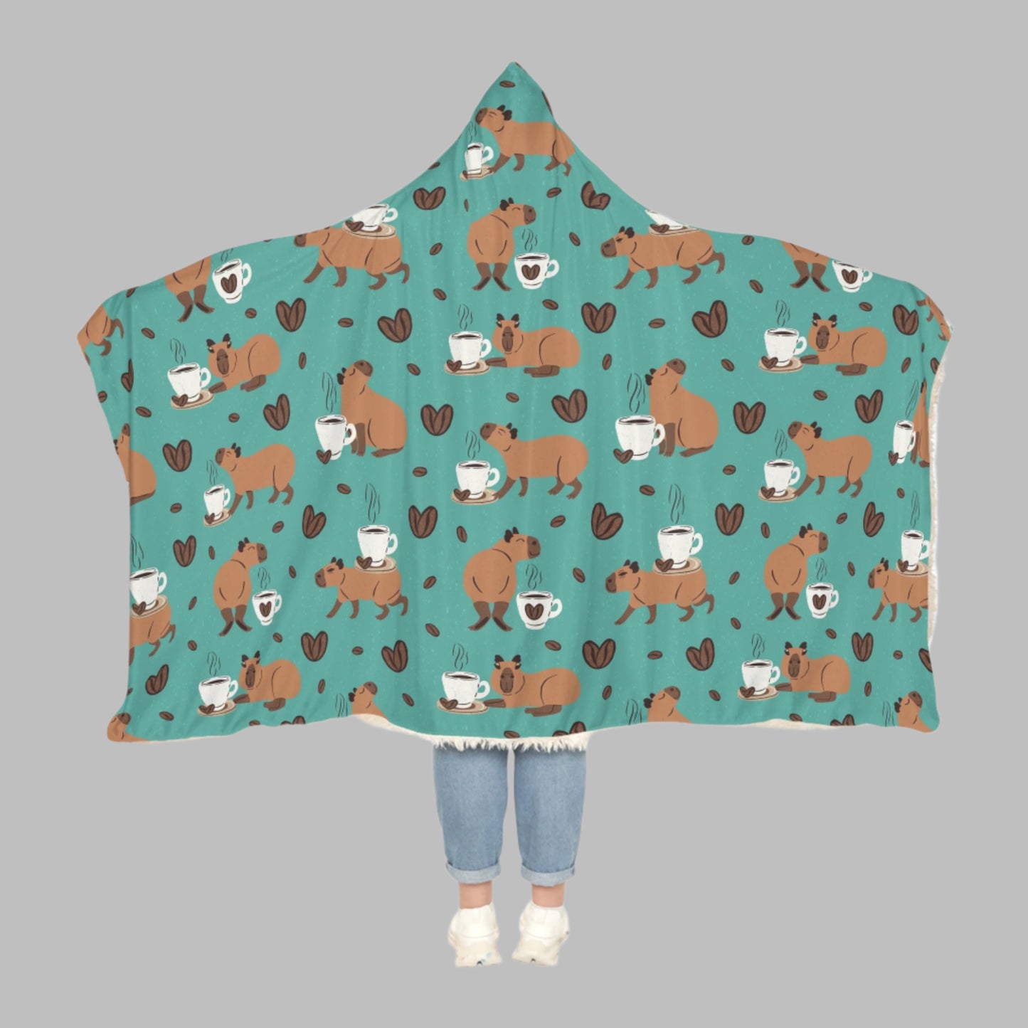 Hooded Snuggle Blanket - Capybaras and Coffee Print, Warm Cozy Microfleece or Sherpa Lining