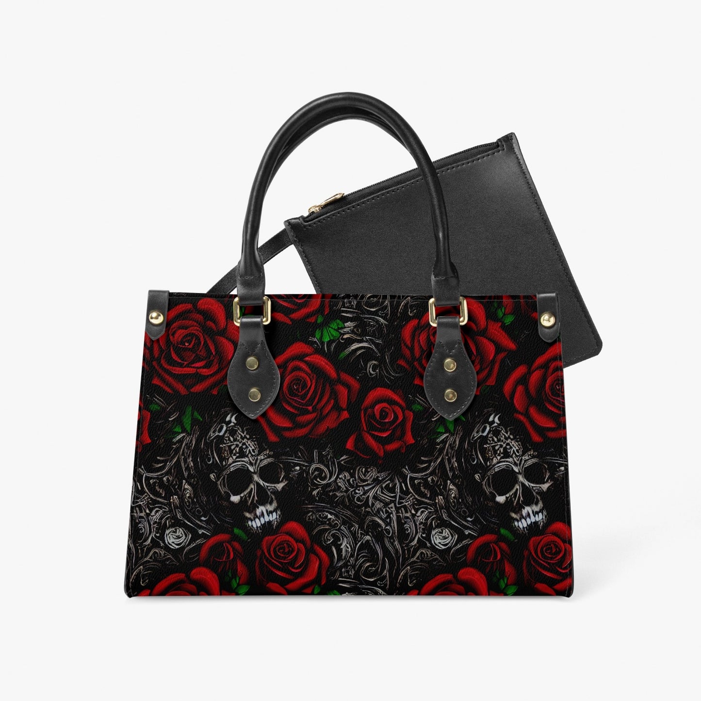 Women's Gothic Red and Black Pattern Skull and Roses Tote Purse